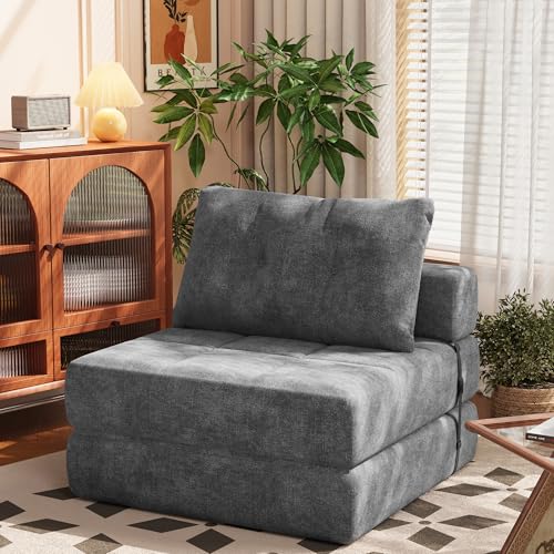White Chenille Folding Sofa Bed with Headrest & Lumbar Pillow F278