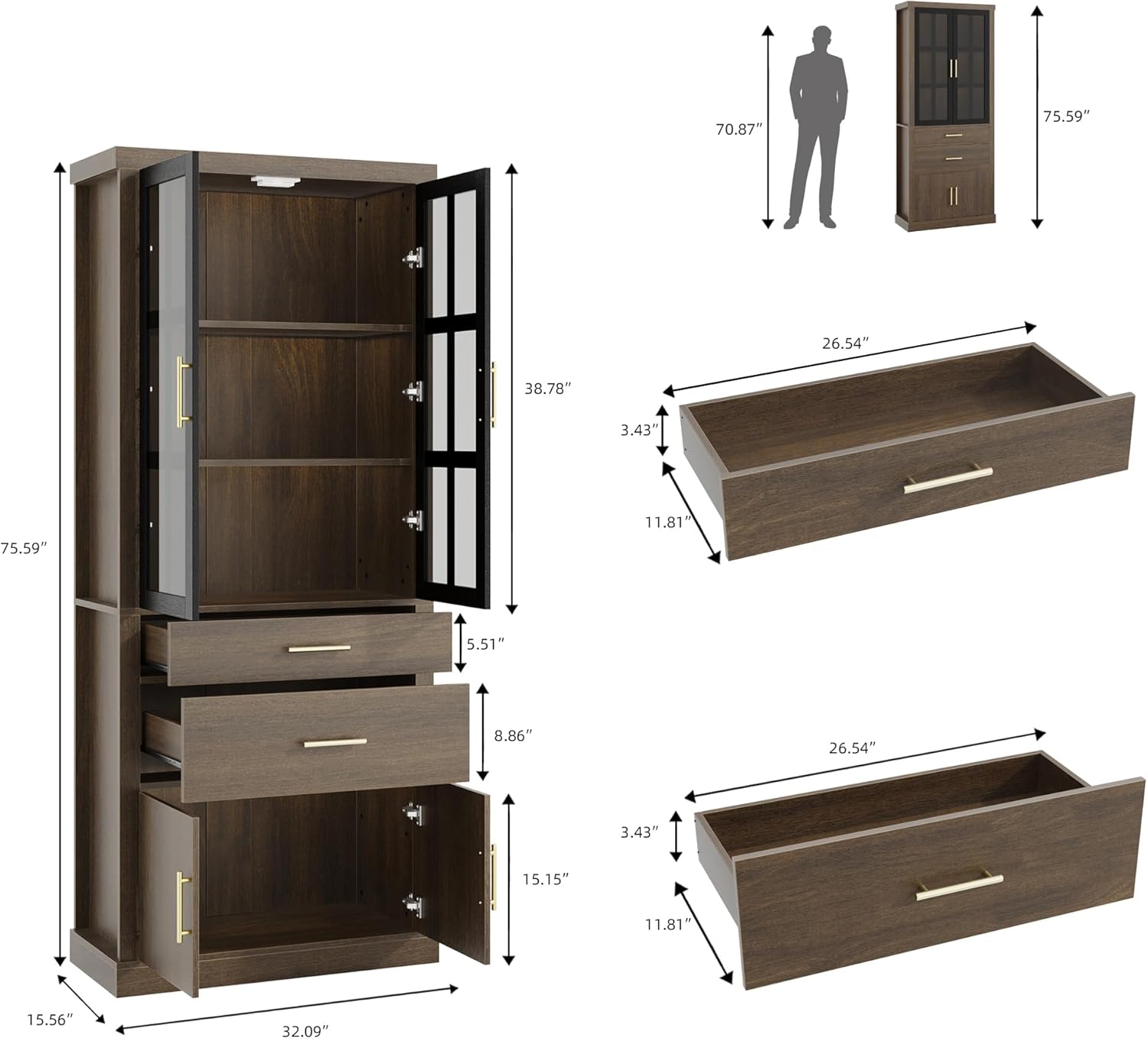 75.6" Tall 4 Door Adjustable Shelves Kitchen Pantry Cabinet Walnut A569