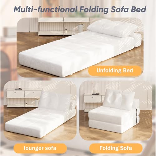 White Chenille Folding Sofa Bed with Headrest & Lumbar Pillow F278