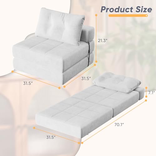 White Chenille Folding Sofa Bed with Headrest & Lumbar Pillow F278