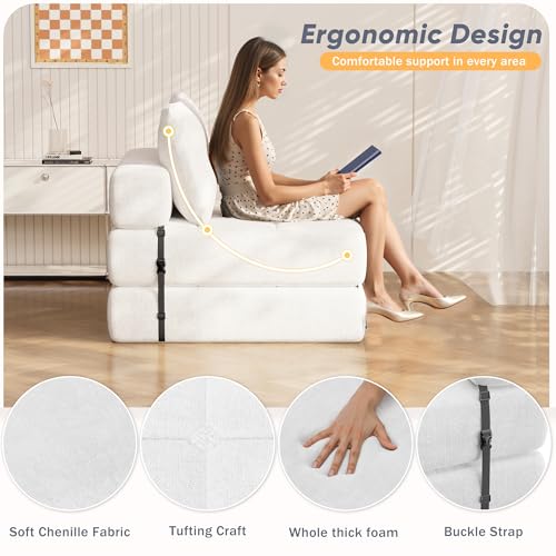 White Chenille Folding Sofa Bed with Headrest & Lumbar Pillow F278