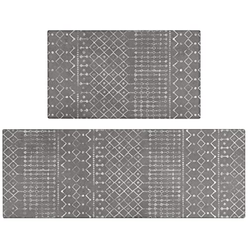 Boho Kitchen Mat Set of 2 Non Skid Washable Dark Grey 17"x47"+17"x30" I895