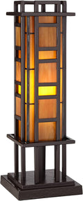 Bronze Iron Column Accent Table Lamp with Amber Stained Art Glass L596