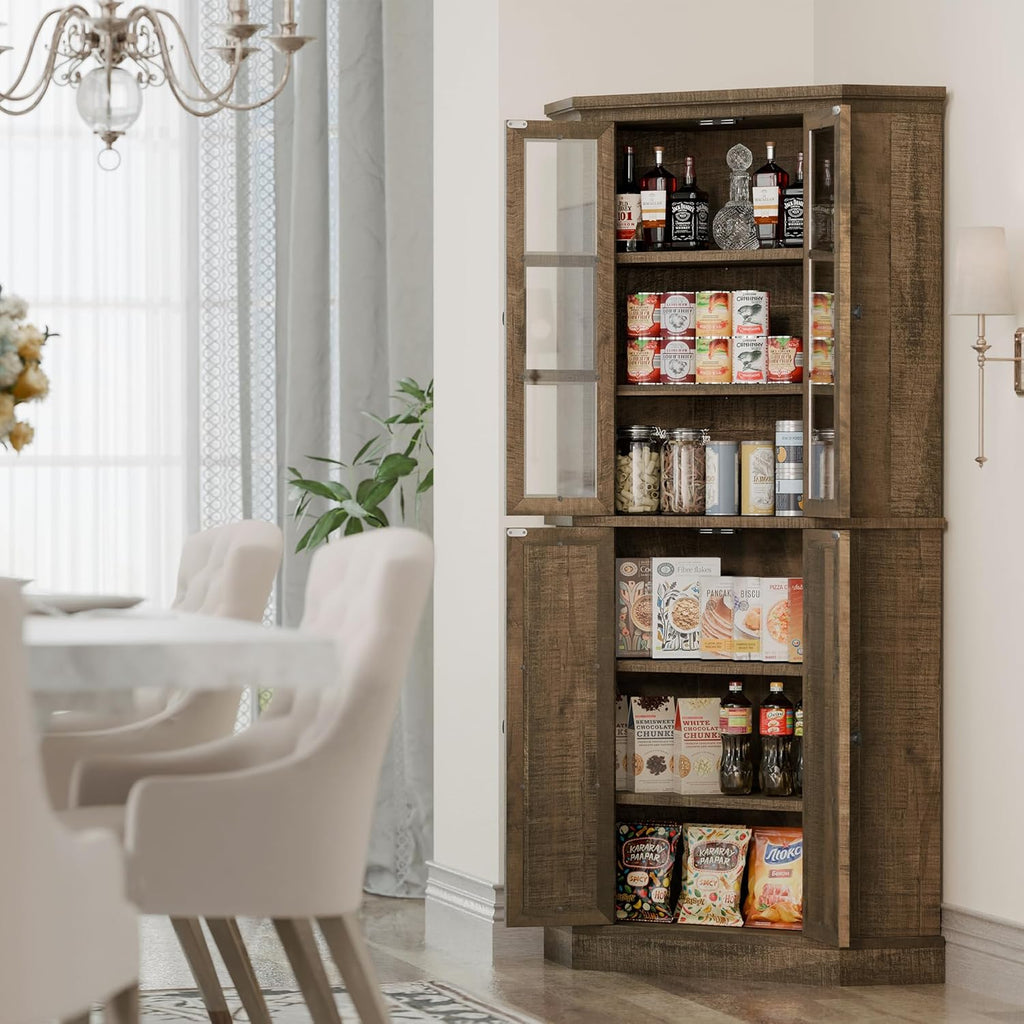 Rustic Brown Tall Corner Storage Cabinet with Glass Doors and Adjustable Shelves X59575