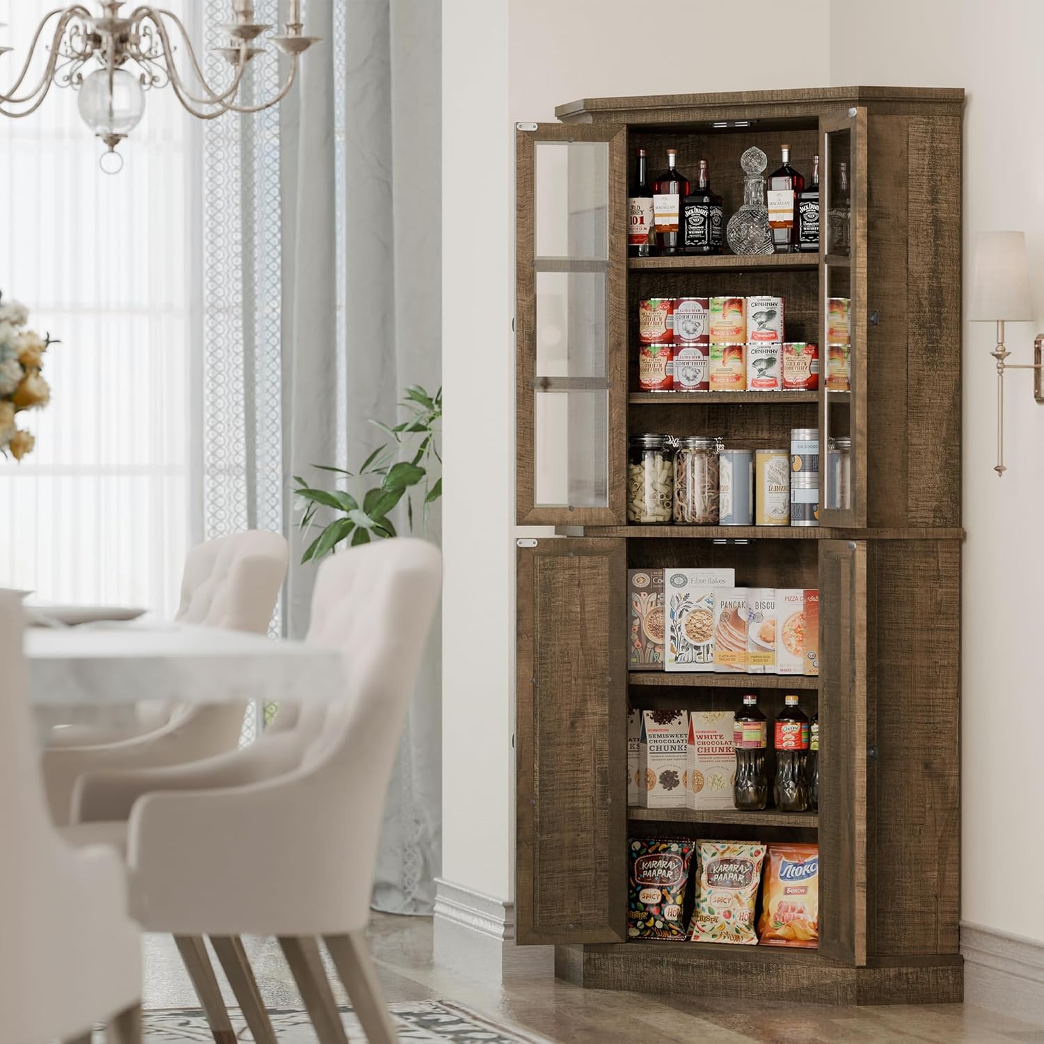 Rustic Brown Tall Corner Storage Cabinet with Glass Doors and Adjustable Shelves X59575