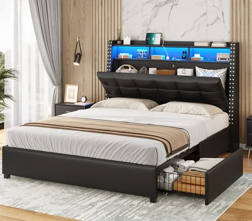 Queen Bed Frame with Storage Headboard and 4 Drawers, Gray D66238