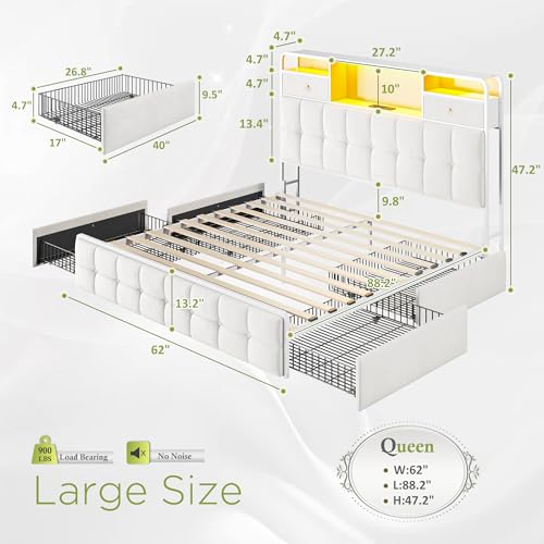 King Size Bed Frame with 4 Storage Drawers and LED Lights, Grey W31210