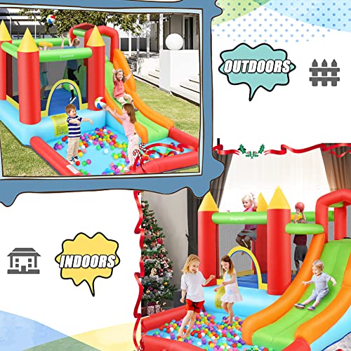 Inflatable Bouncy House with Ball Pit, Wide Slide, Ball Pool, Basketball Hoop, Dart Target, Blower J3405