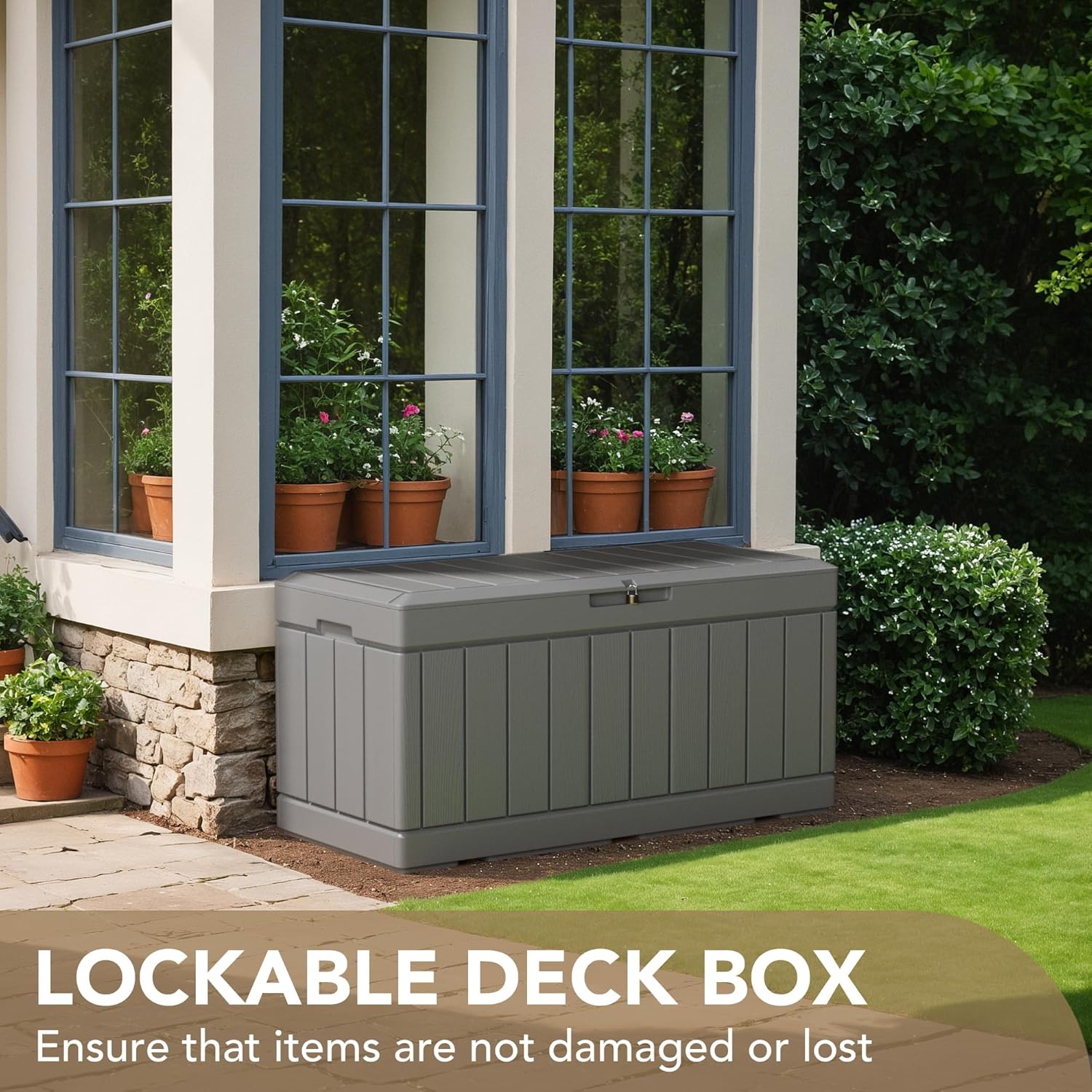 85 Gallon Lockable Resin Outdoor Storage Box Grey H719