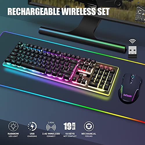 Wireless Gaming Keyboard and Mouse Combo with LED Backlit Rechargeable 3800mAh Battery, Mechanical Feel Anti-ghosting Keyboard and 7D 3200DPI Mice (Black) V3955
