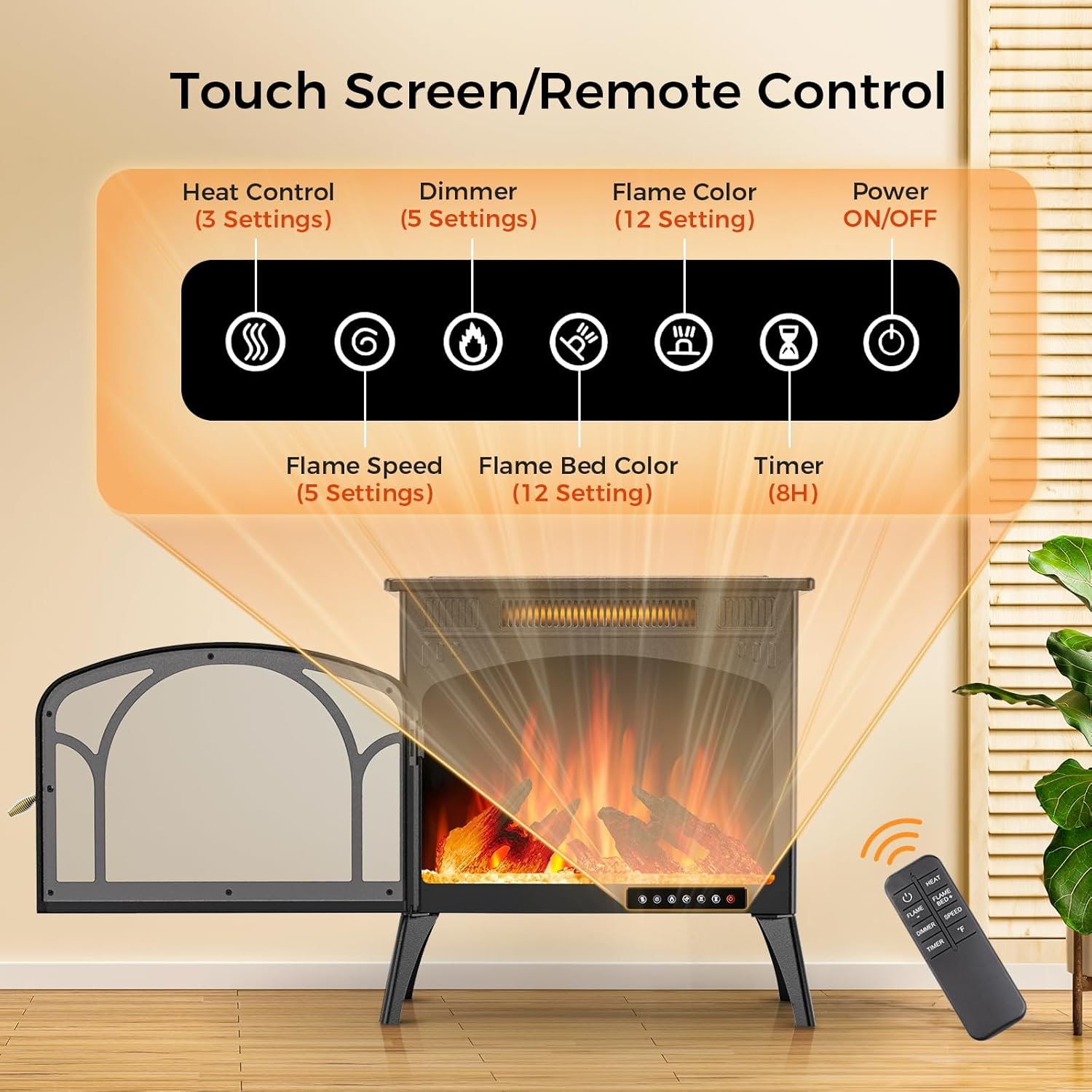 Electric Fireplace Heater, Free-Standing, 3D Infrared, Remote Control, 5100 BTU, 1500W R1969