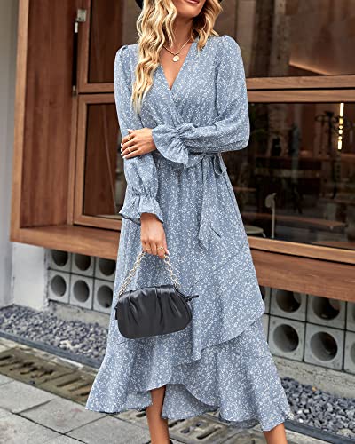 Women Long Sleeve Wrap Maxi Dress V Neck Floral High Waist Flowy Ruffle Dresses with Belt J197415