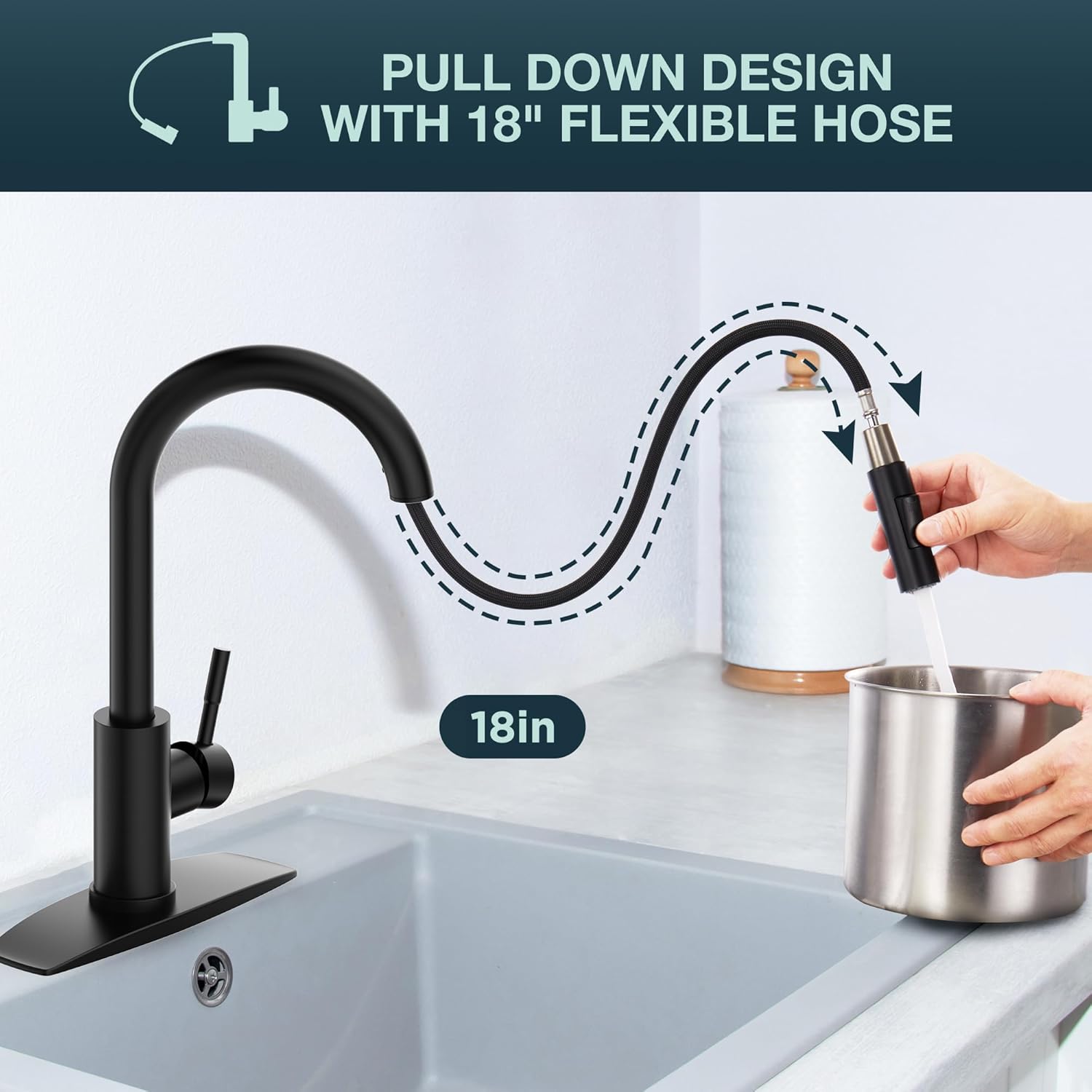 Black Kitchen Faucet with Pull Down Sprayer Stainless Steel High Arc Spout H420