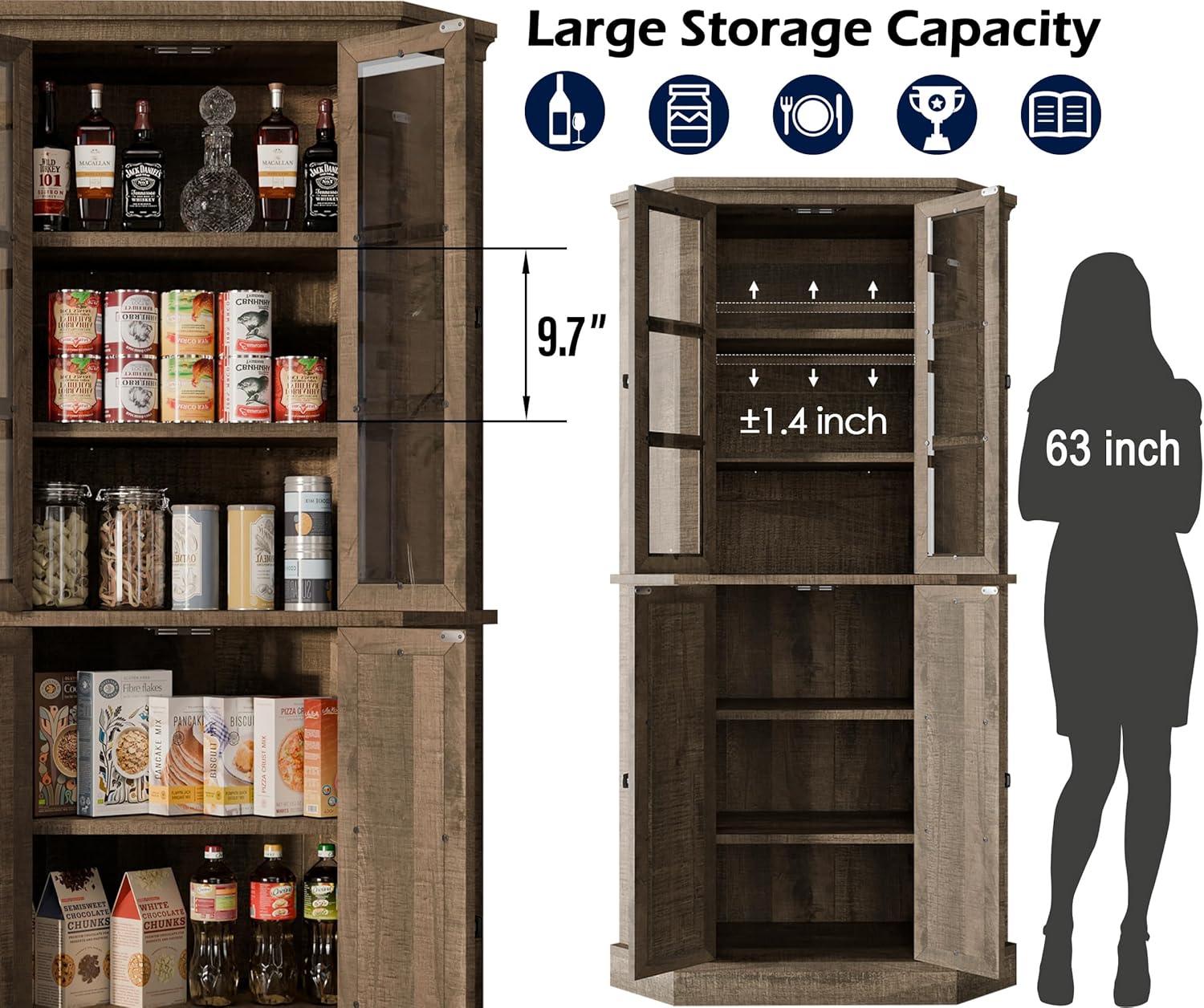 Rustic Brown Tall Corner Storage Cabinet with Glass Doors and Adjustable Shelves X59575