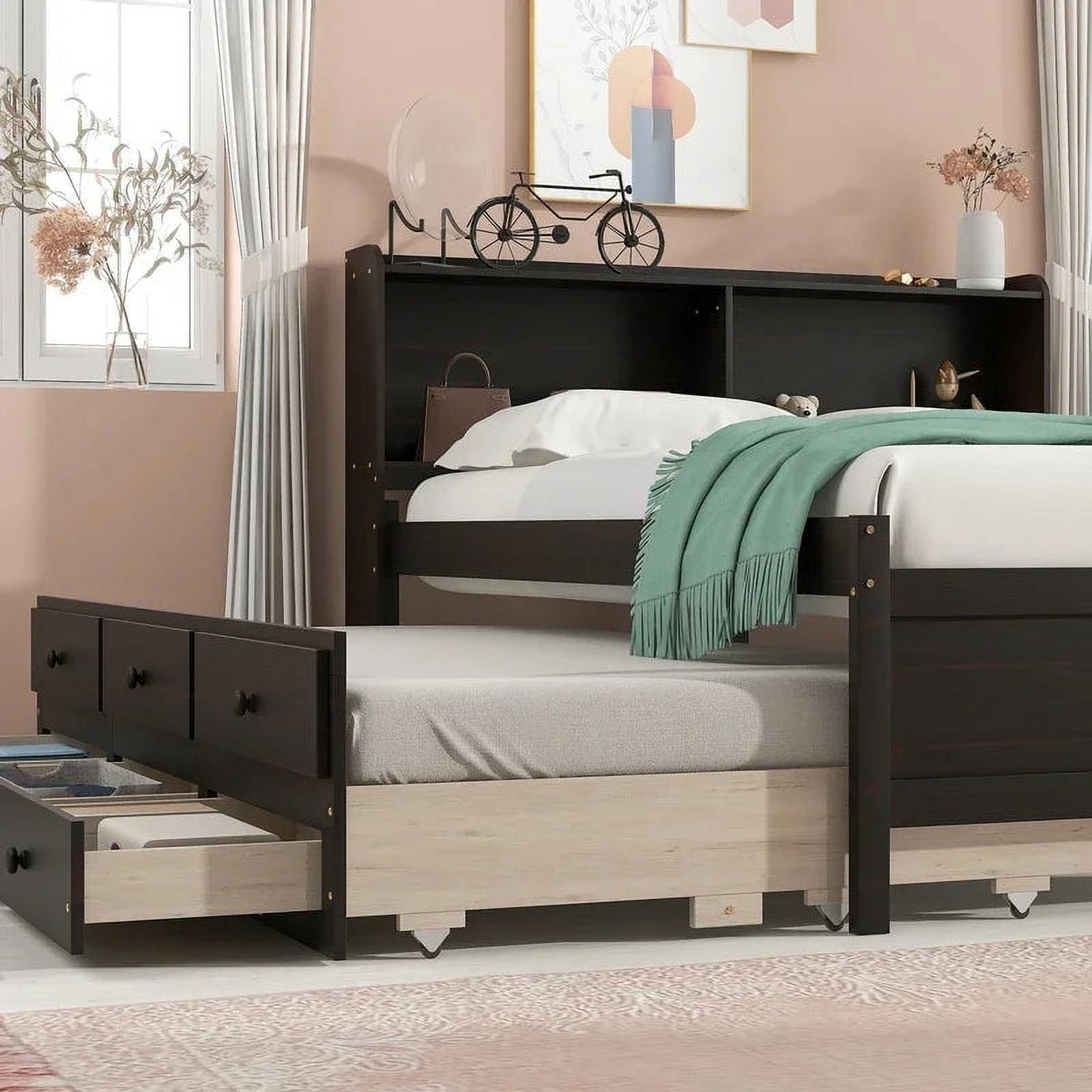 Twin Trundle Bed with Bookcase and Drawers Espresso U511