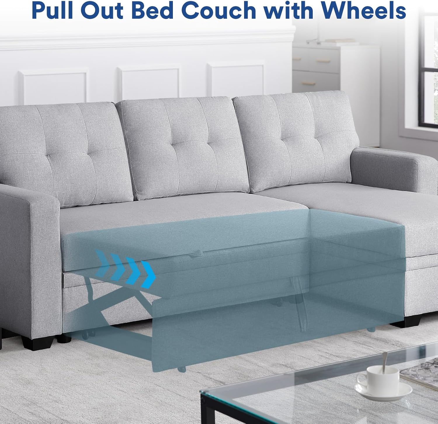 Light Gray L Shaped Couch with Pull Out Bed and Storage Sectional Sleeper Sofa Z5907