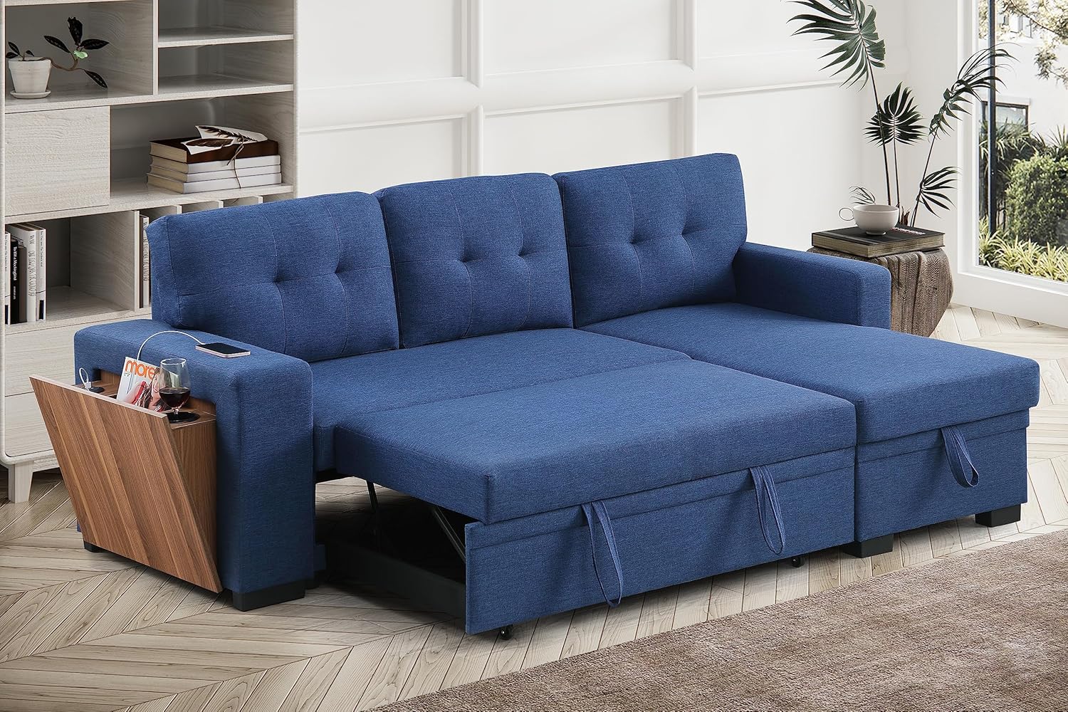 Blue L-Shaped Sectional Sleeper Sofa with Storage Chaise and Pull-Out Bed O1669