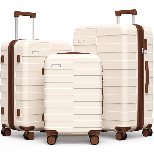White Brown 3 Piece Hardside Expandable PC Luggage Set with TSA Lock Spinner Wheels E263390