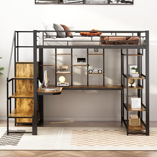 Black Metal Loft Bed with Desk and Stairs X603
