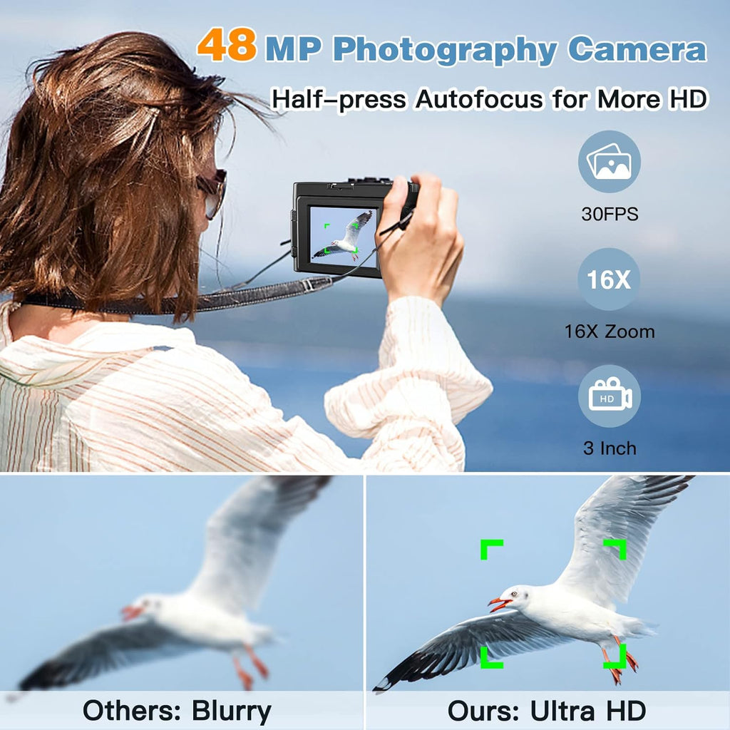 48MP 4K Digital Camera with 16X Digital Zoom, 3'' Flip Screen, Flash, SD Card, 2 Batteries V71025