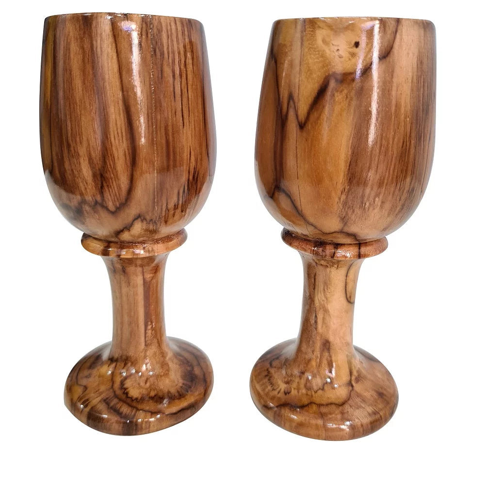 Rustic Dark Brown Wooden Wine Glass Goblet Drinkware Cup Set of 2 L149720