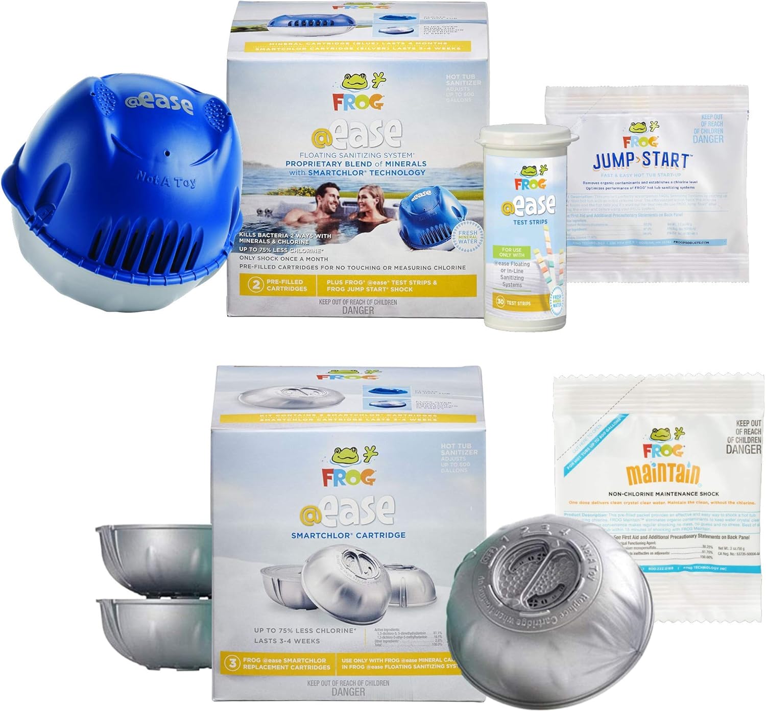 Spa Frog Floating System, 3 Refill Mineral Cartridges, 30 Test Strips, Jump Start Shock, Non-Chlorine Maintenance Shock Pack Z999