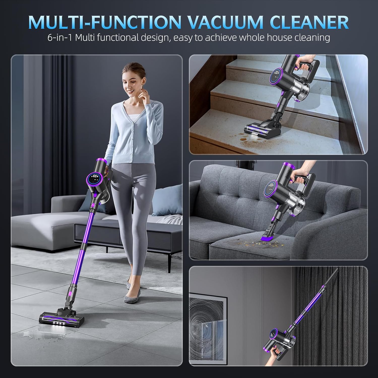 Cordless Stick Vacuum Cleaner with LED Display, 40Min Detachable Battery S131