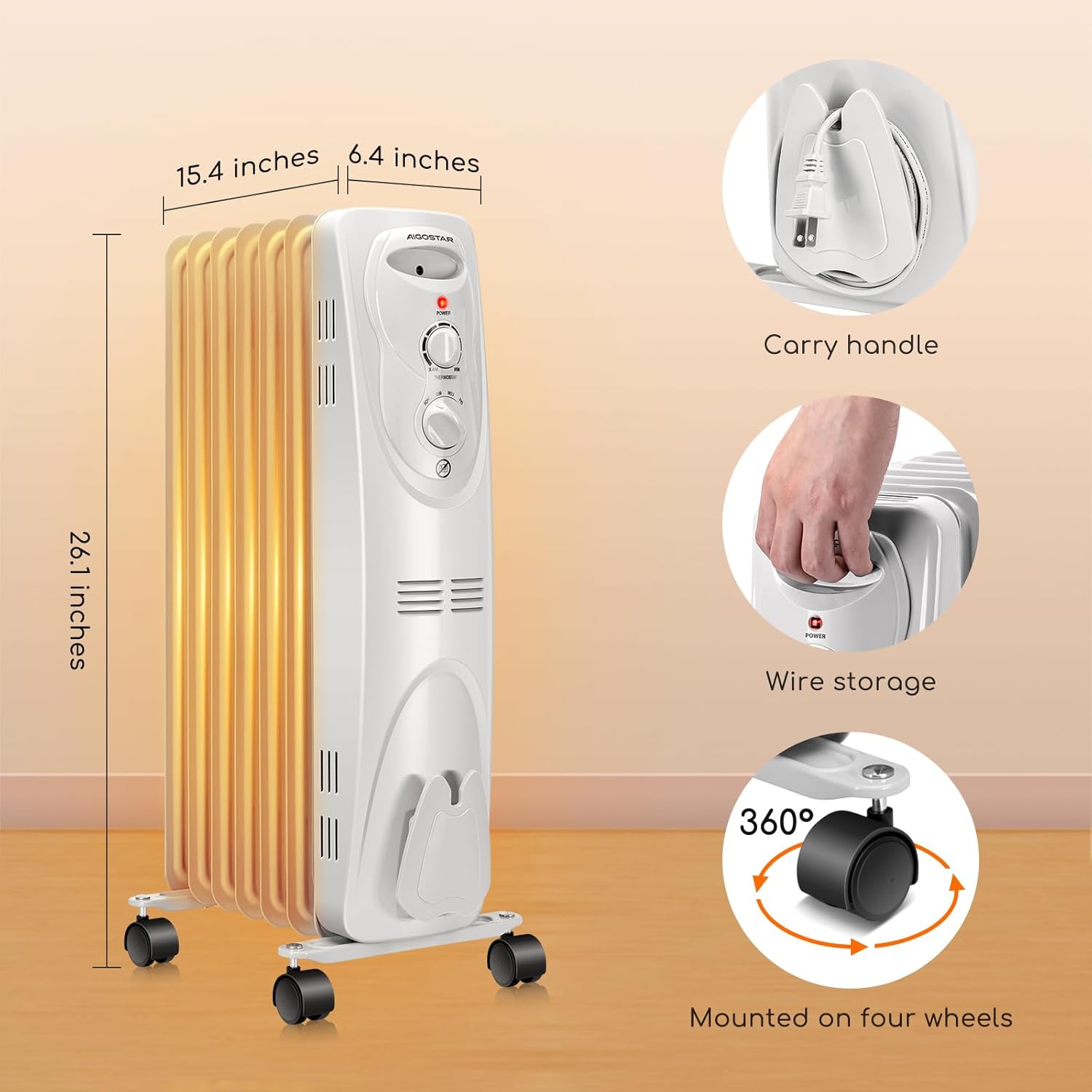 1500W Oil Filled Radiator Heater with 3 Heat Settings Y3430