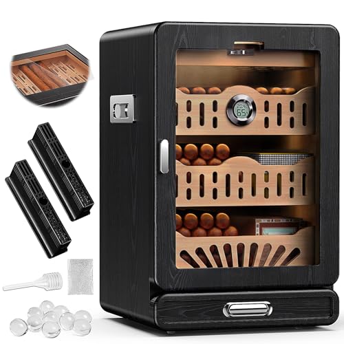 Glass top Cigar Humidor Cabinet with Spanish Cedar Tray, Digital Hygrometer（Black） K7278