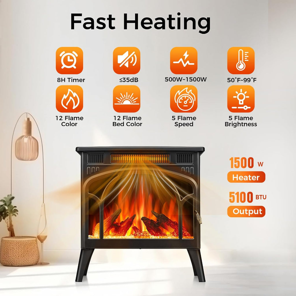 Electric Fireplace Heater, Free-Standing, 3D Infrared, Remote Control, 5100 BTU, 1500W R1969