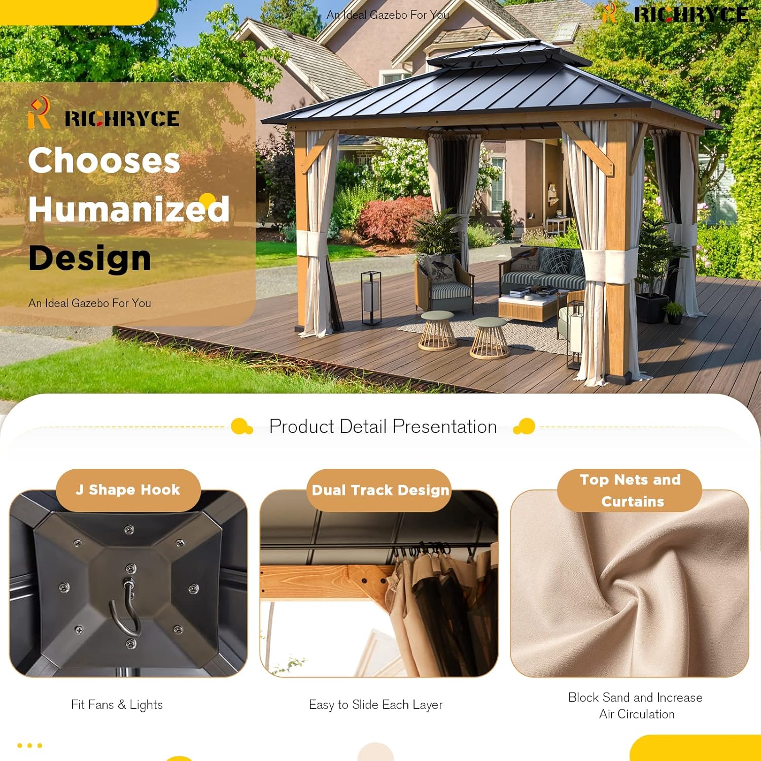 Solid Wood Gazebo with Metal Roof and Netting A120917