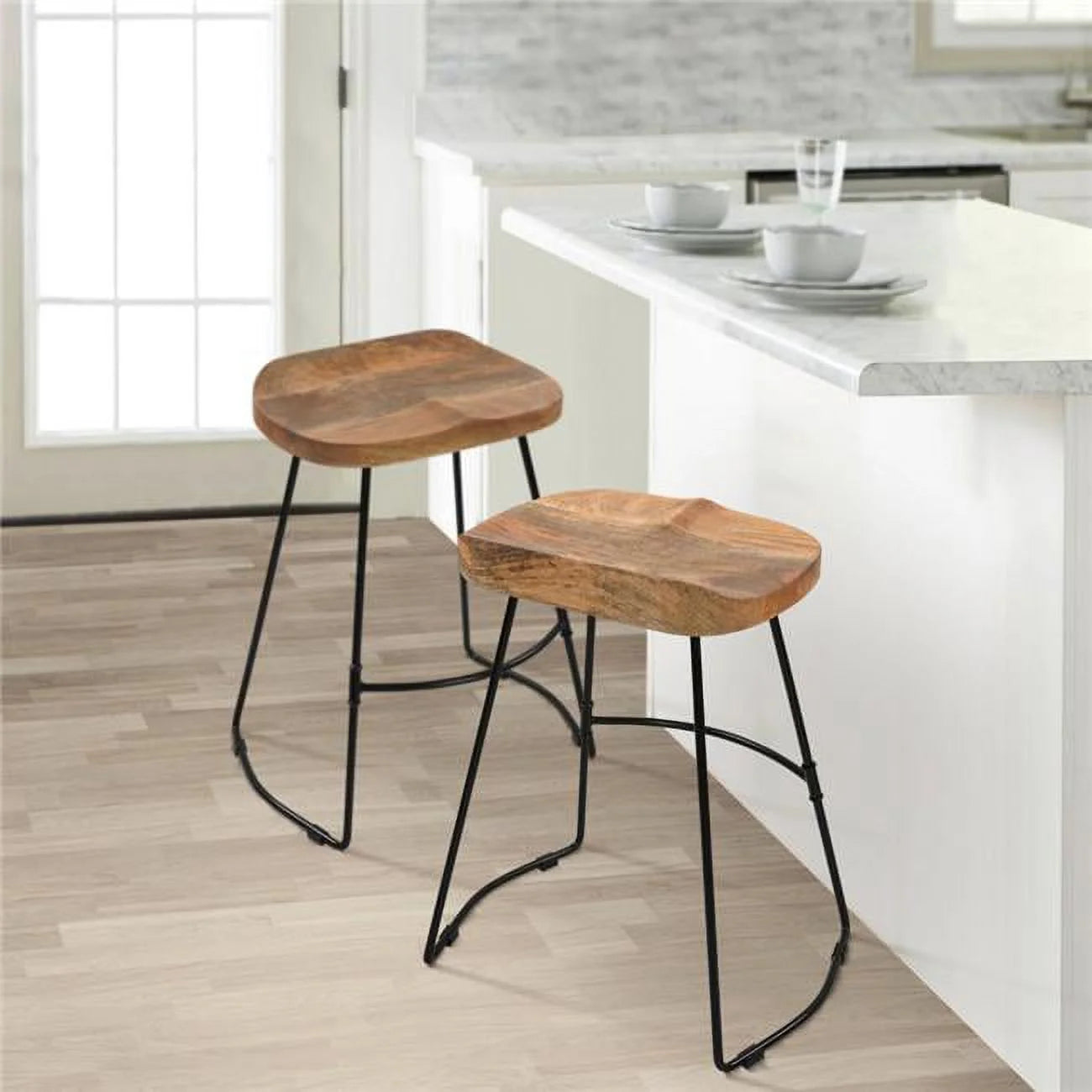 24 in. Backless Counter Height Stool with Brown Mango Wood Saddle Seat & Black Metal Base X138482