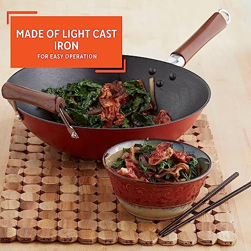 Black 14-Inch Cast Iron Wok with Wood Handles Y74833