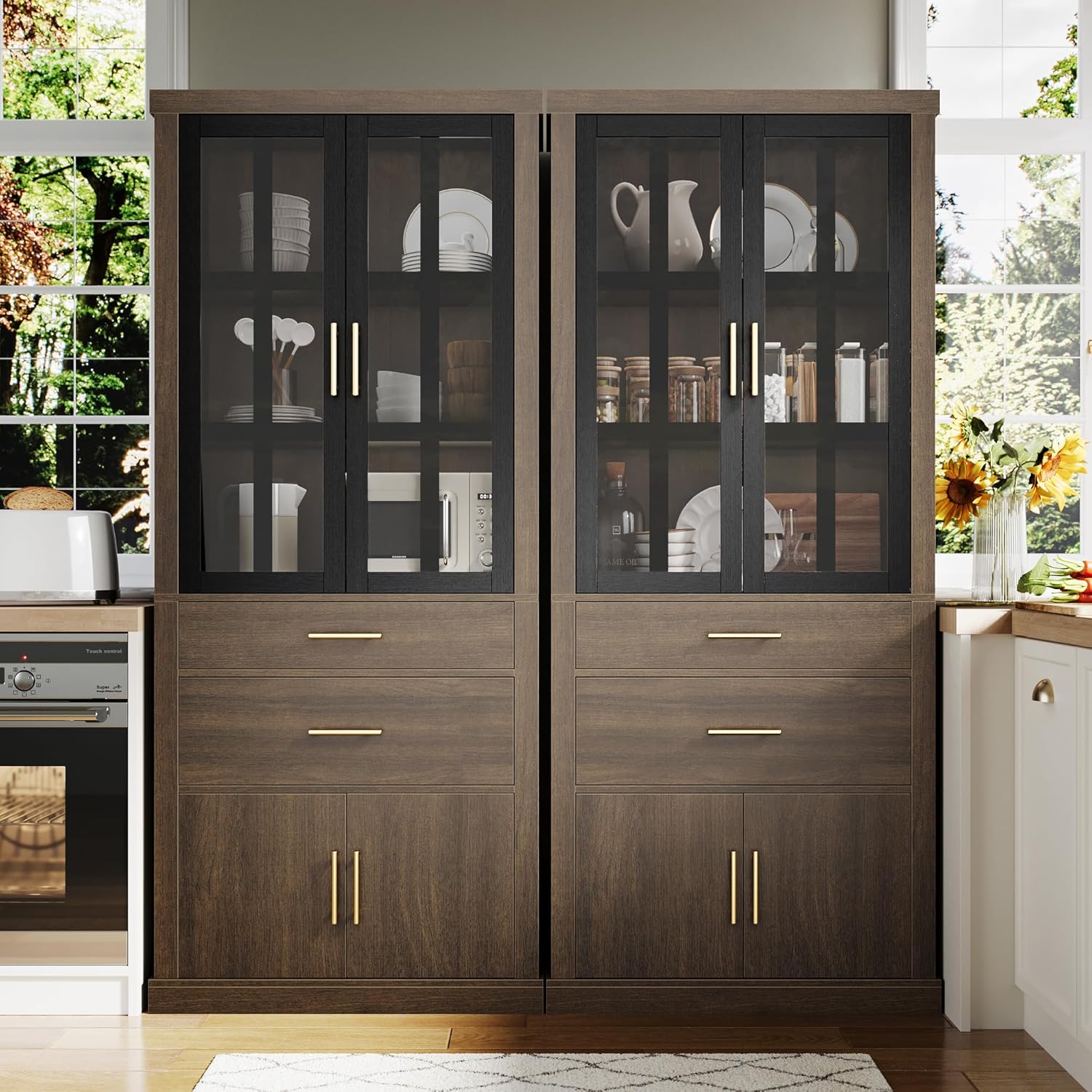75.6" Tall 4 Door Adjustable Shelves Kitchen Pantry Cabinet Walnut A569