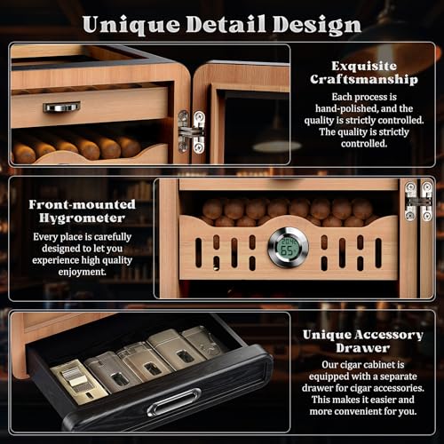 Glass top Cigar Humidor Cabinet with Spanish Cedar Tray, Digital Hygrometer（Black） K7278