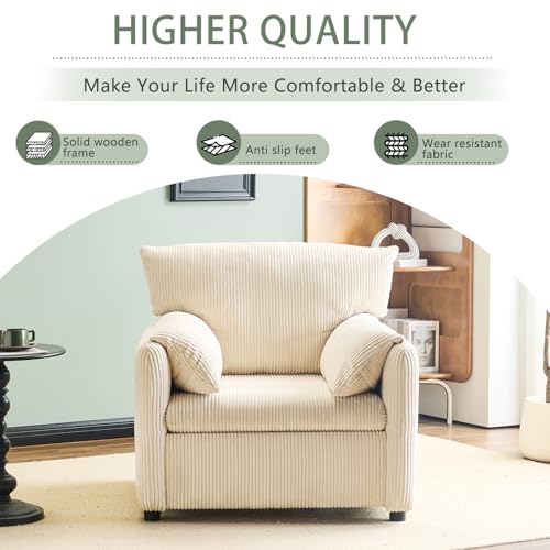 Corduroy Single Sofa Chair with Side Pocket Oversized Armchair (Beige) W342