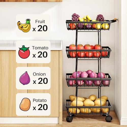 Black 5 Tier Stackable Wire Fruit Basket with Wheels R165