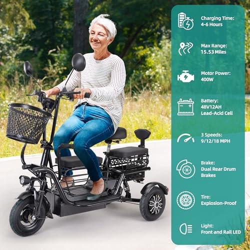 400W 48V Electric Tricycle with 3 Seats and Storage Baskets T288951