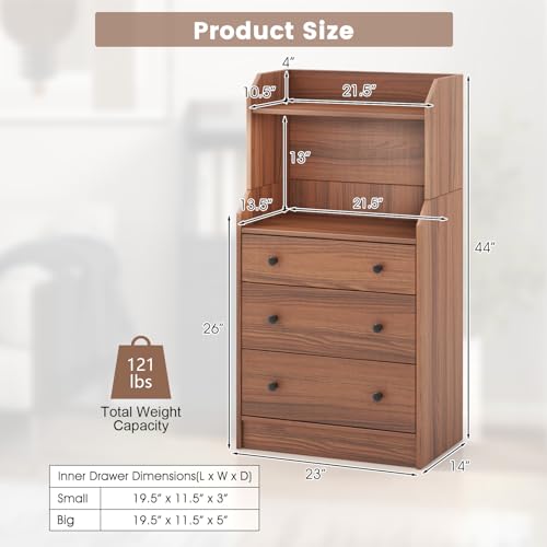 3 Drawers Dresser with Shelves, Tall Nightstand with 2 Open Shelves, Chest of Drawers (Walnut) P760