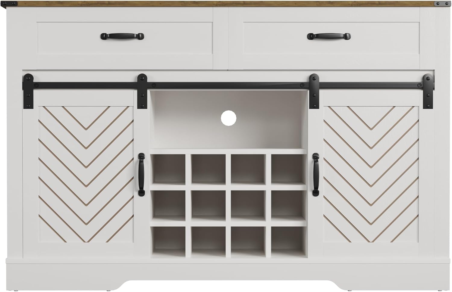 White & Oak Sideboard Cabinet with Sliding Barn Door, 3 Drawers L380