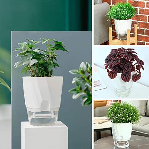 5 Pack Self Watering Planters 6 Inch Plastic Plant Pots, White F4086