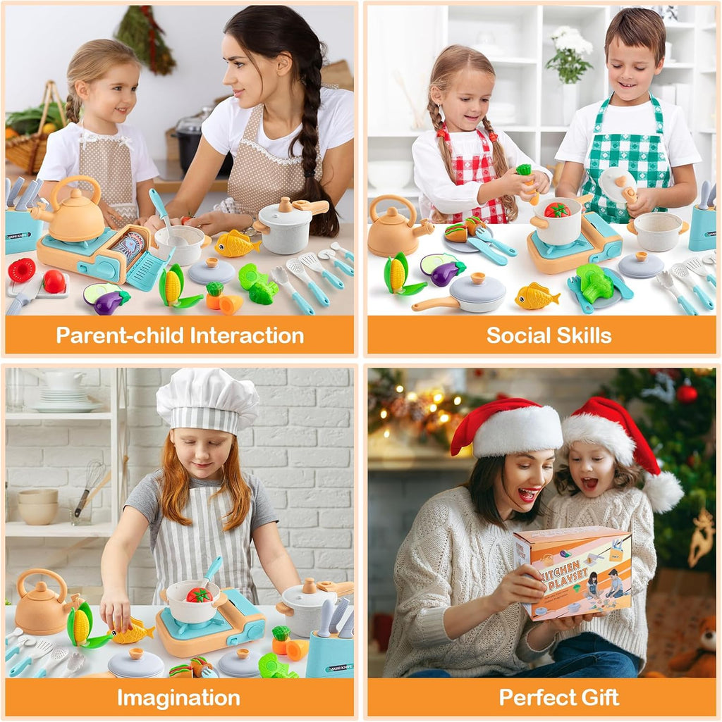 44PCS Kids Kitchen Playset Cookware Toys with Play Pots and Pans, Gas Stove with Sound & Light, Cooking Utensils G6191