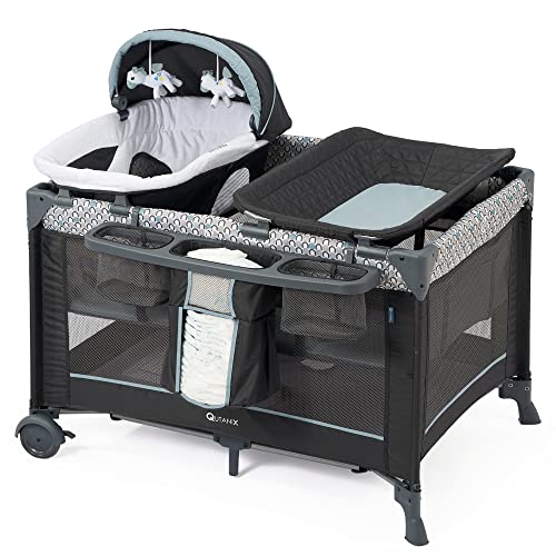5 in 1 Foldable Baby Crib with Bassinets, Changing Table, Newborn Napper, Diaper Stacker, Playpen Q298