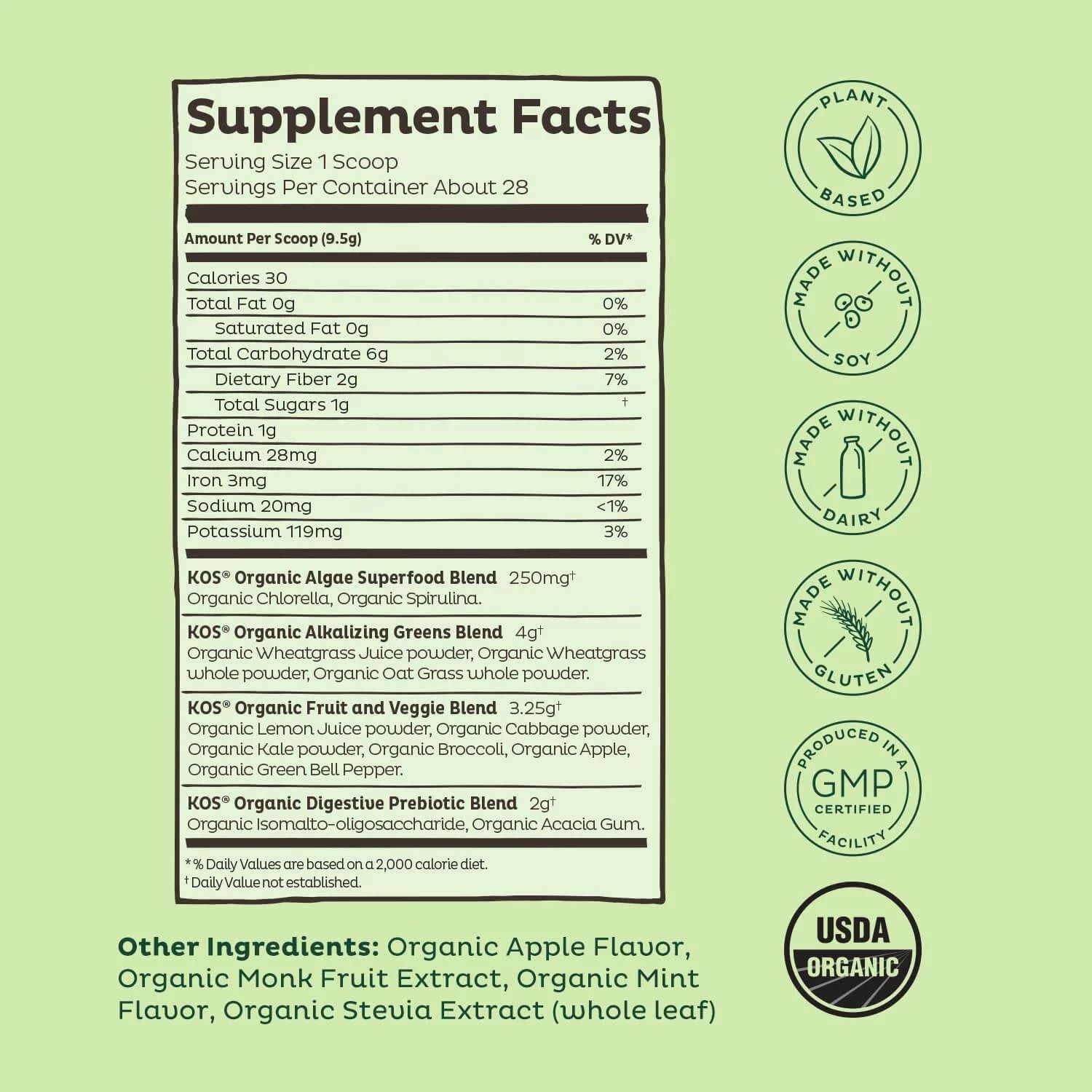 USDA Organic Super Greens Powder with Spirulina, Chlorella & Wheatgrass, Green Apple Sorbet Flavor, 28 Servings I92428
