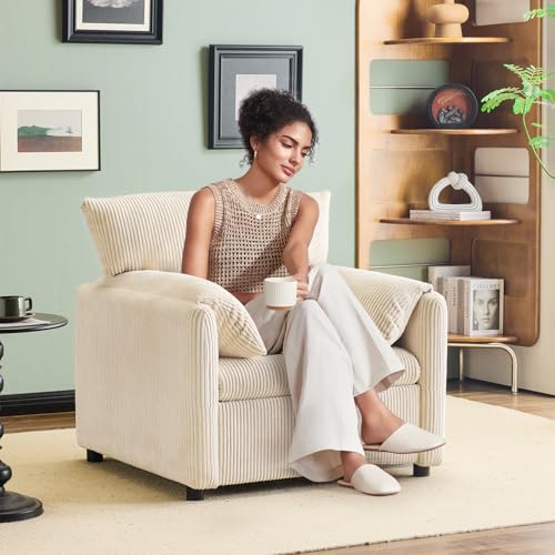 Corduroy Single Sofa Chair with Side Pocket Oversized Armchair (Beige) W342