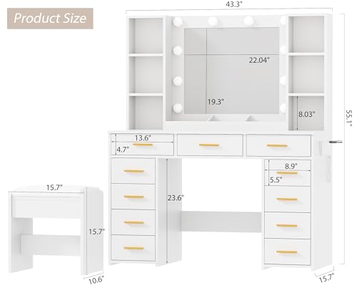 White Vanity Desk with Mirror and Lights 11 Drawers 9 Shelves Vanity Table with Stool U662