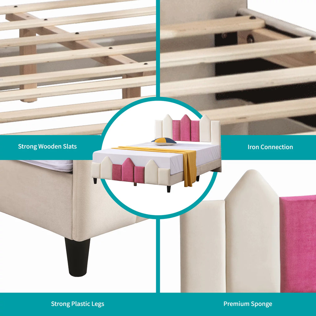 Pink Full Wood Upholstered Bed Frame with Headboard P504593