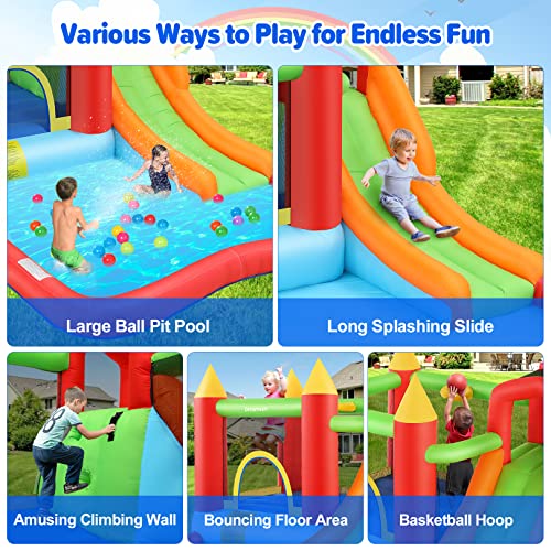 Inflatable Bouncy House with Ball Pit, Wide Slide, Ball Pool, Basketball Hoop, Dart Target, Blower J3405