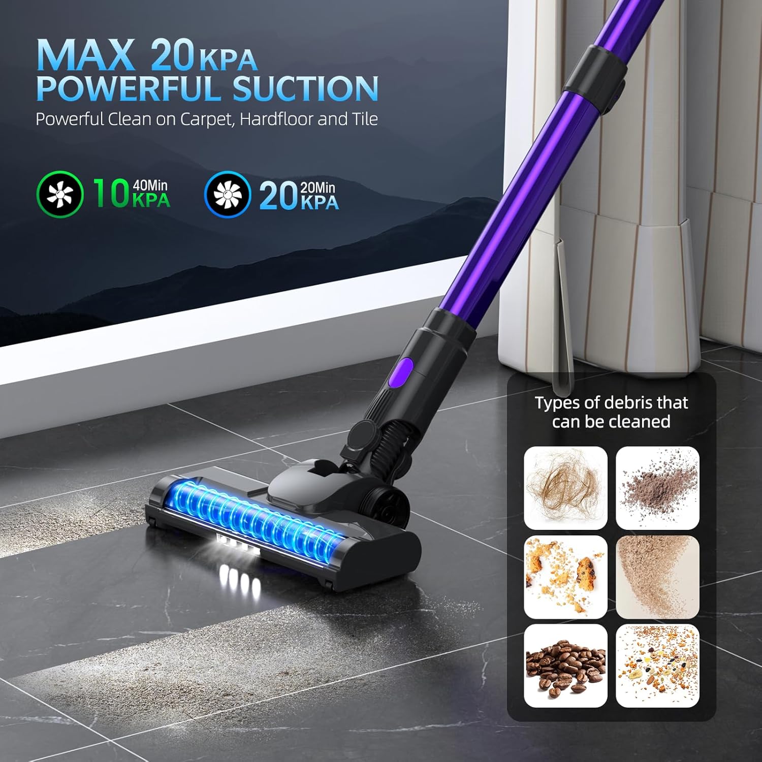 Cordless Stick Vacuum Cleaner with LED Display, 40Min Detachable Battery S131