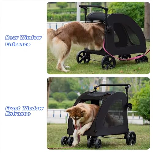 Large Dog Stroller, Removable Cushion Adjustable Handle Foldable 4 Wheel Pet Stroller (Black) S733017